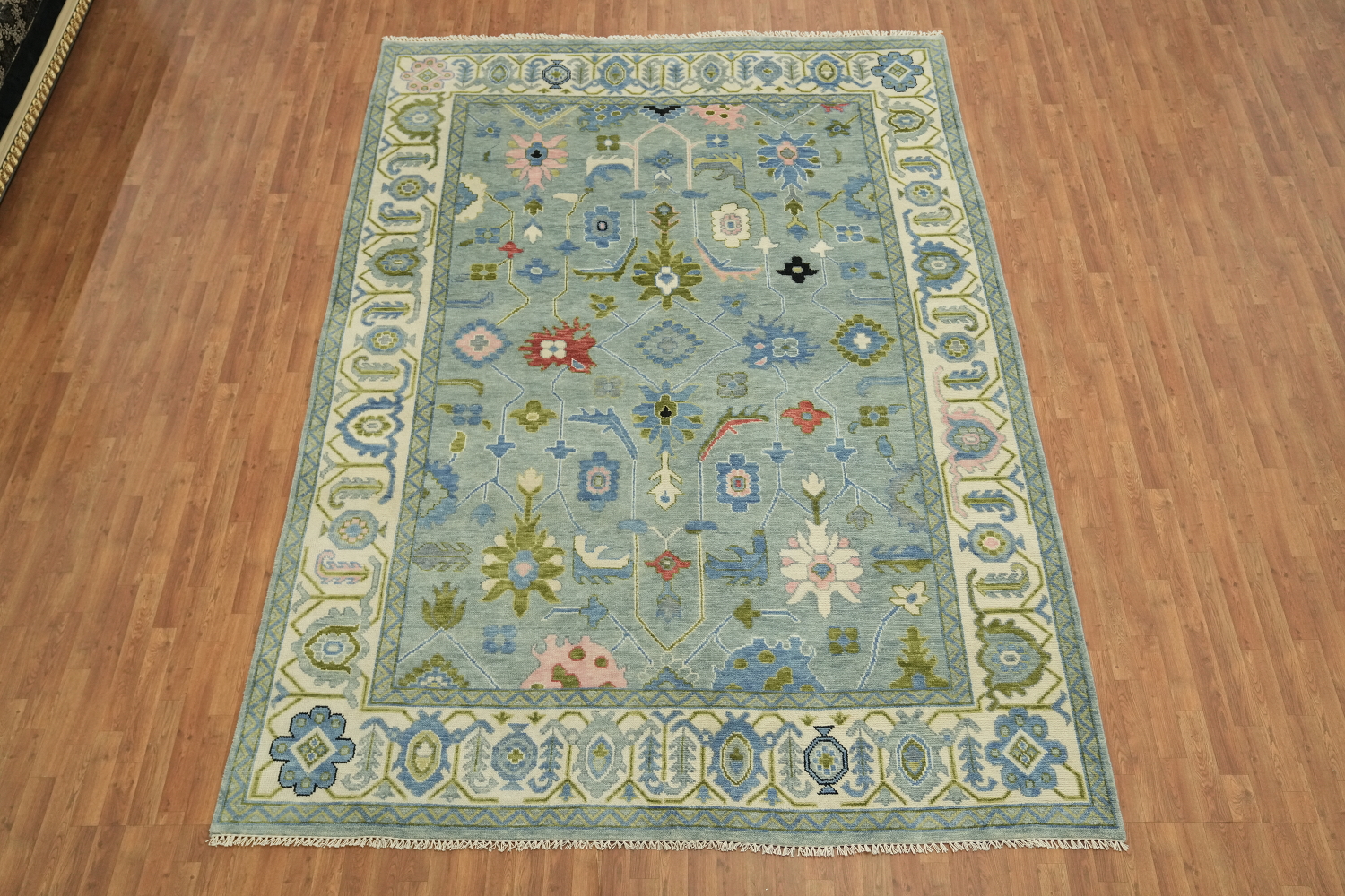 Charming Soft Blue Oushak Indian Rug with Intricate Floral Motifs 9x12 ft