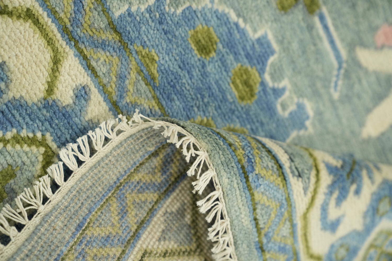 Charming Soft Blue Oushak Indian Rug with Intricate Floral Motifs 9x12 ft