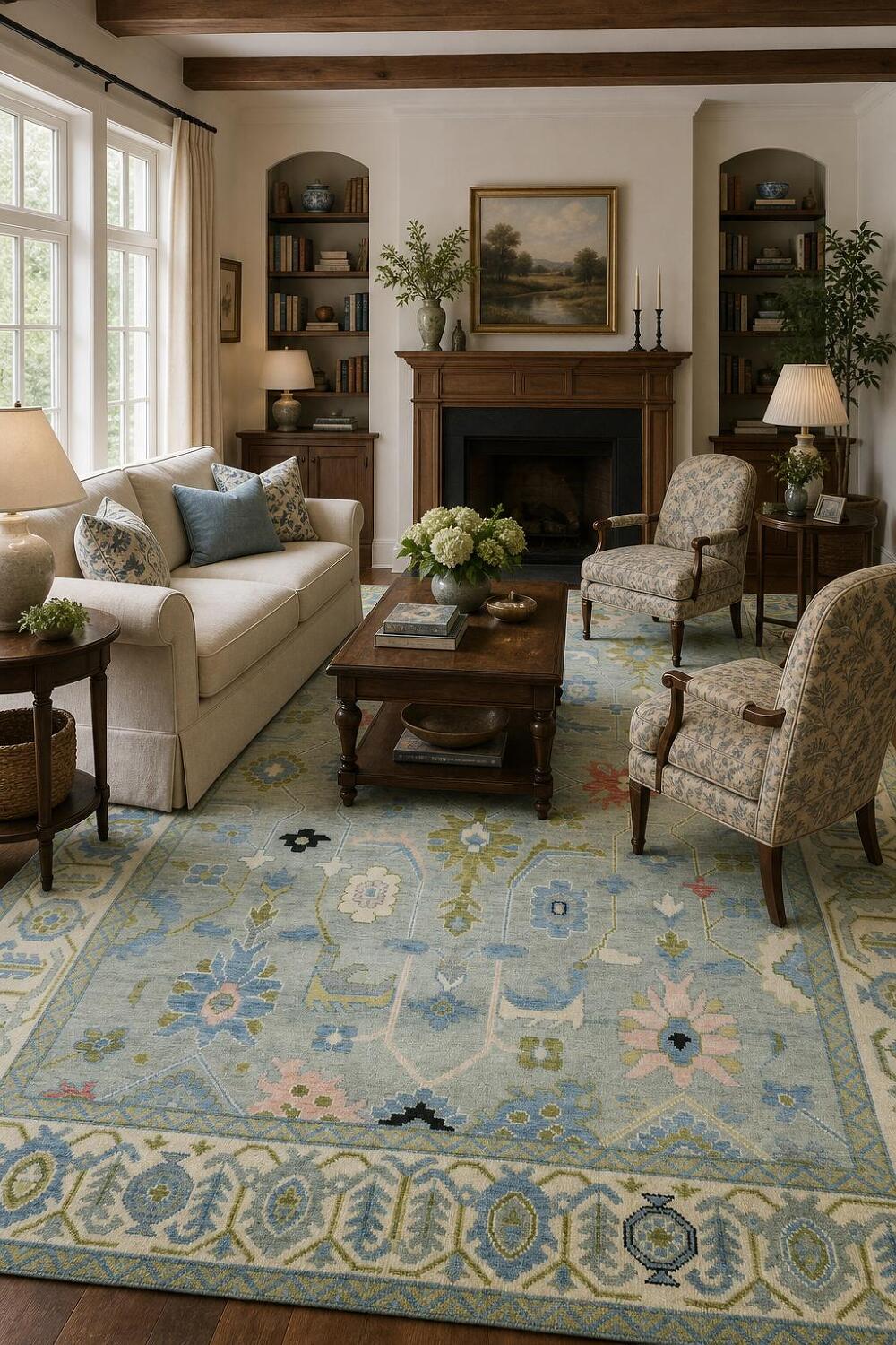 Charming Soft Blue Oushak Indian Rug with Intricate Floral Motifs 9x12 ft