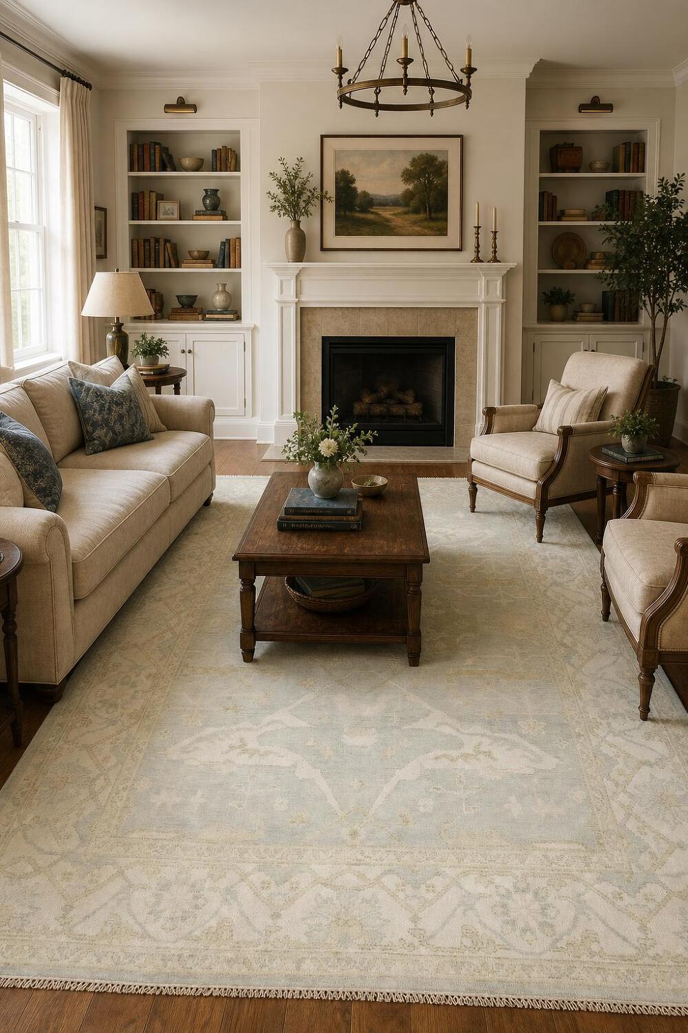 Elegant Cream and Blue Rug with Intricate Floral Pattern 8'x10'