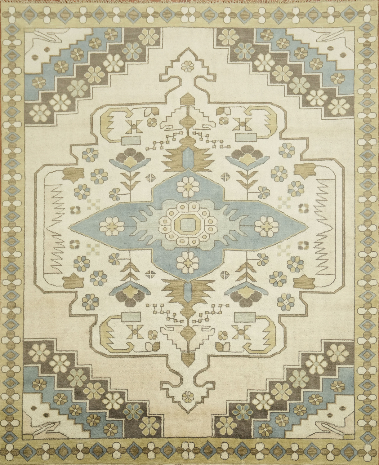 Traditional Beige and Blue Oushak Hand Made Area Rug 8x10