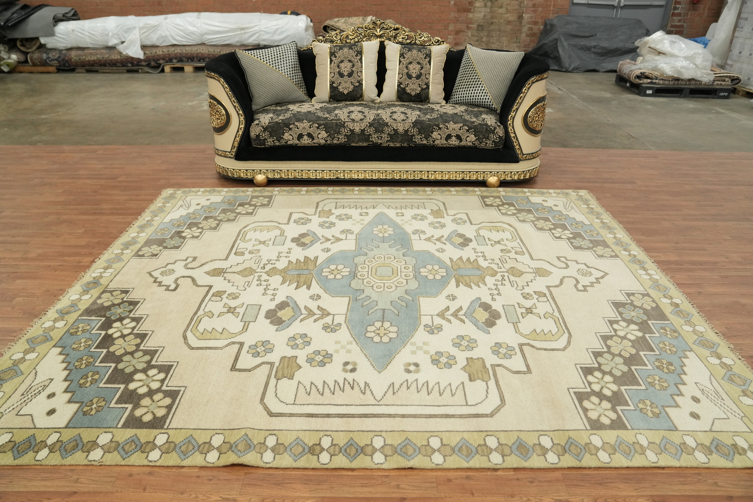 Traditional Beige and Blue Oushak Hand Made Area Rug 8x10