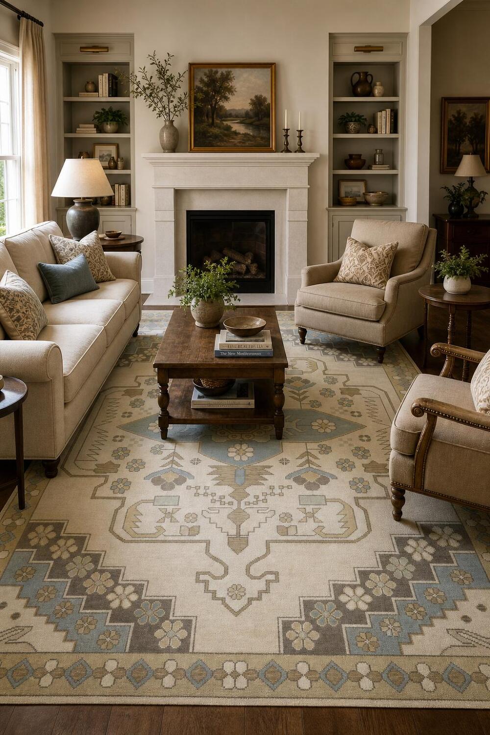 Traditional Beige and Blue Oushak Hand Made Area Rug 8x10