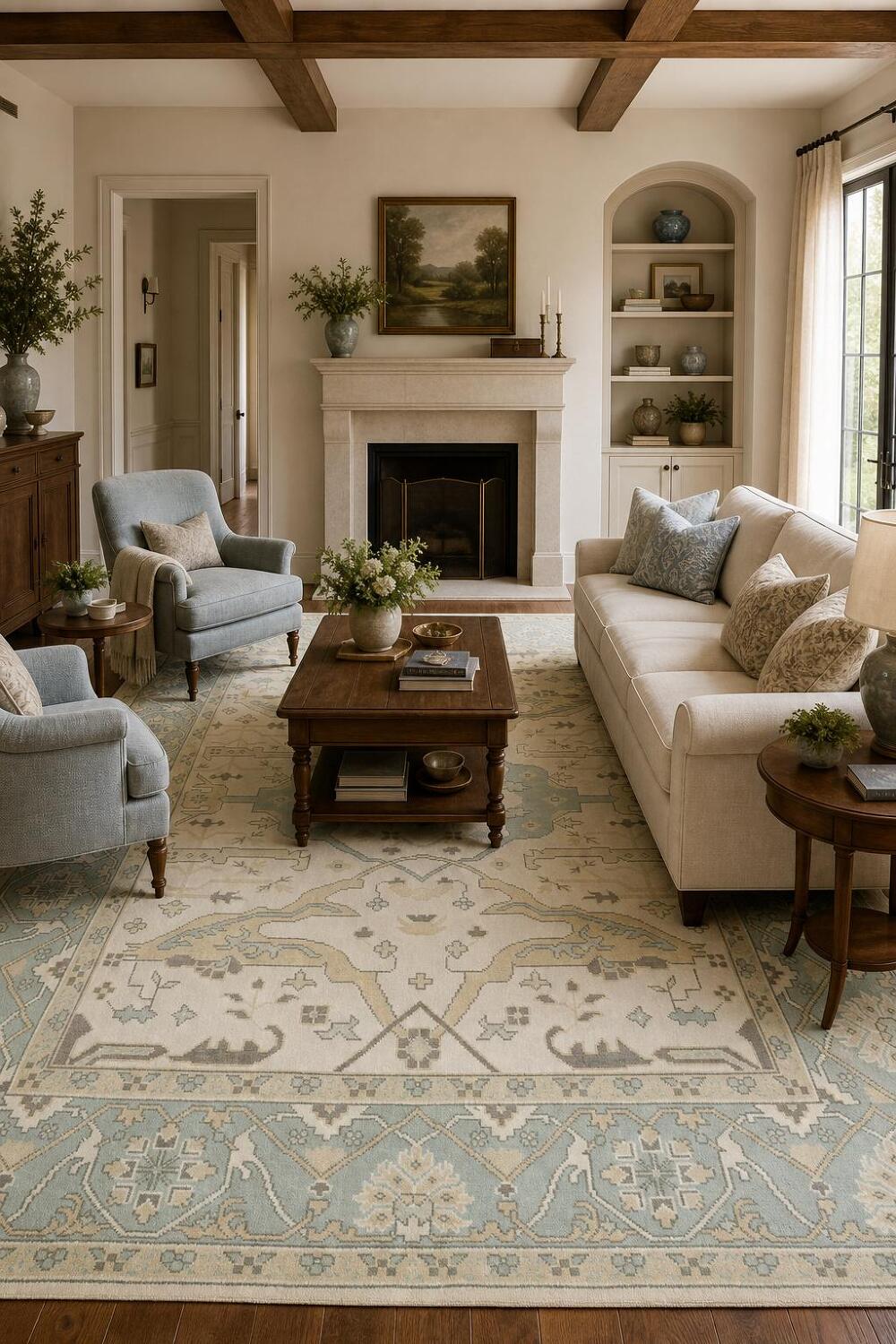 Traditional 8'x10' Blue and Cream Vintage-style Area Rug Decor