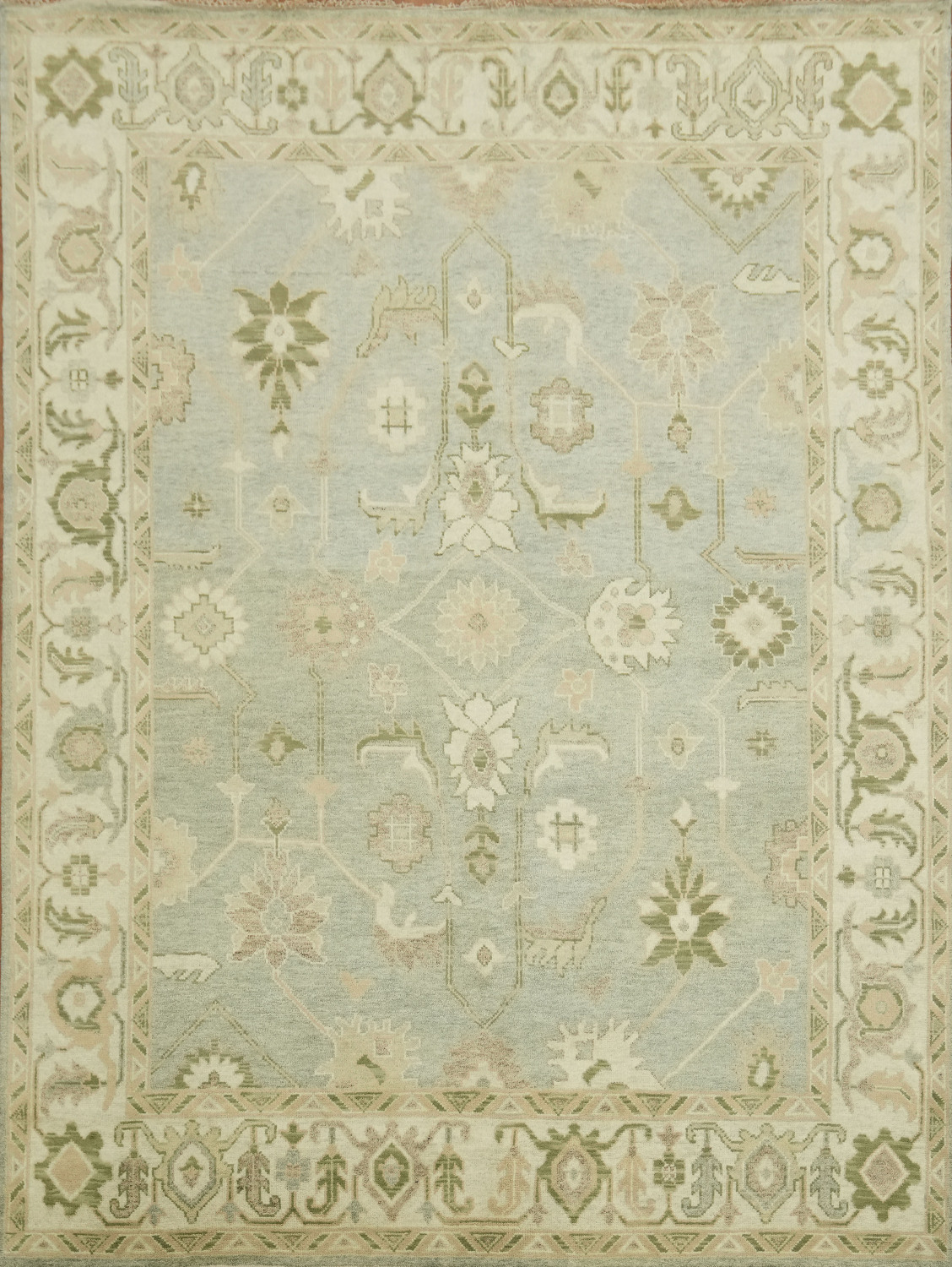 Soft Pastel Light Blue and Green Oushak Large Rug 9'x12'