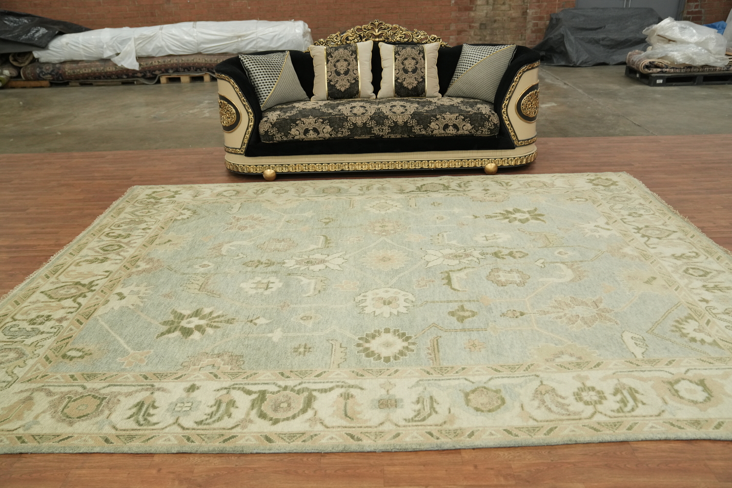 Soft Pastel Light Blue and Green Oushak Large Rug 9'x12'