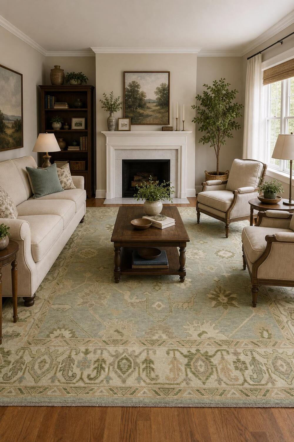 Soft Pastel Light Blue and Green Oushak Large Rug 9'x12'