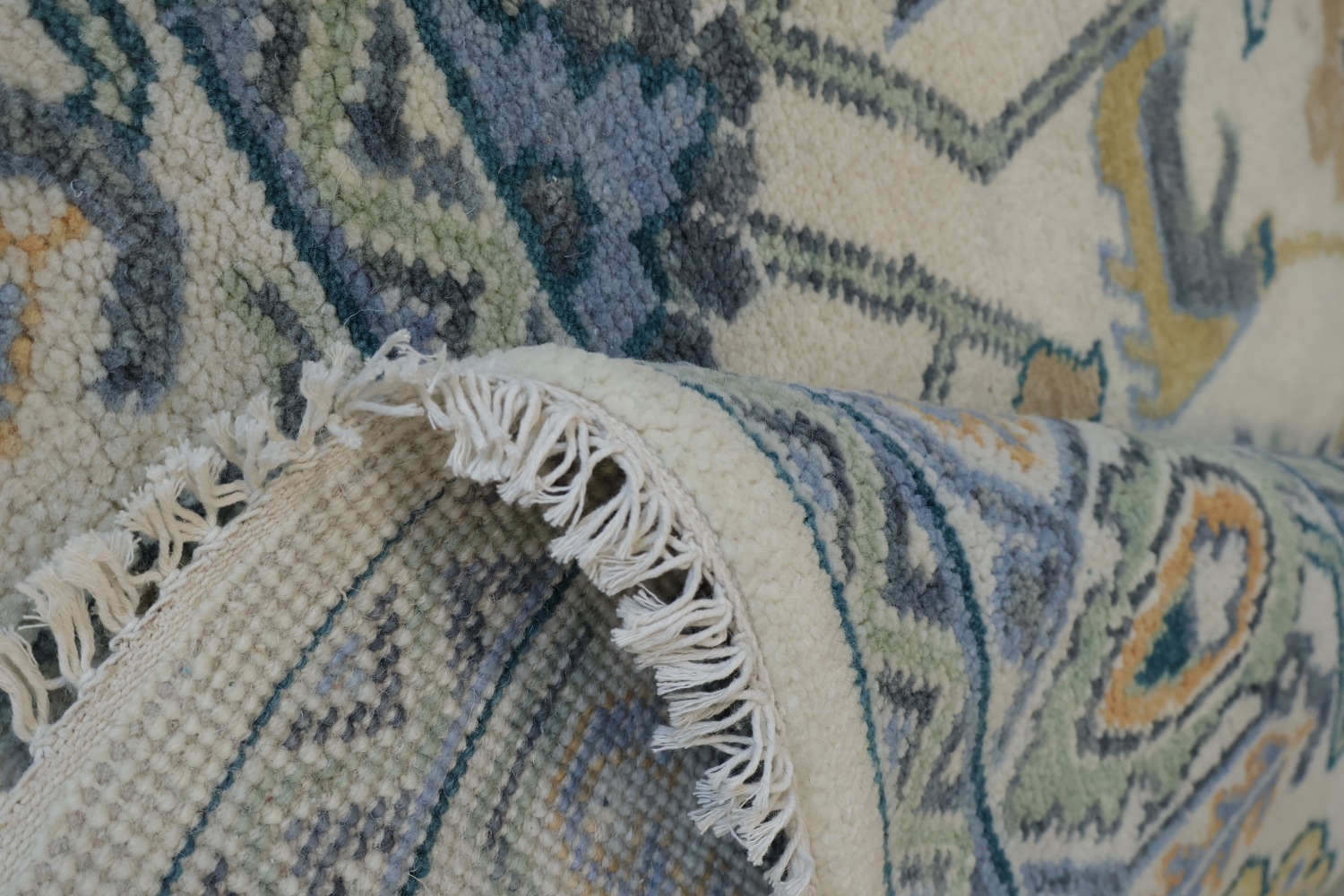 Artisan Blue and Beige Rug with Delicate Botanical Patterns 8'x10'