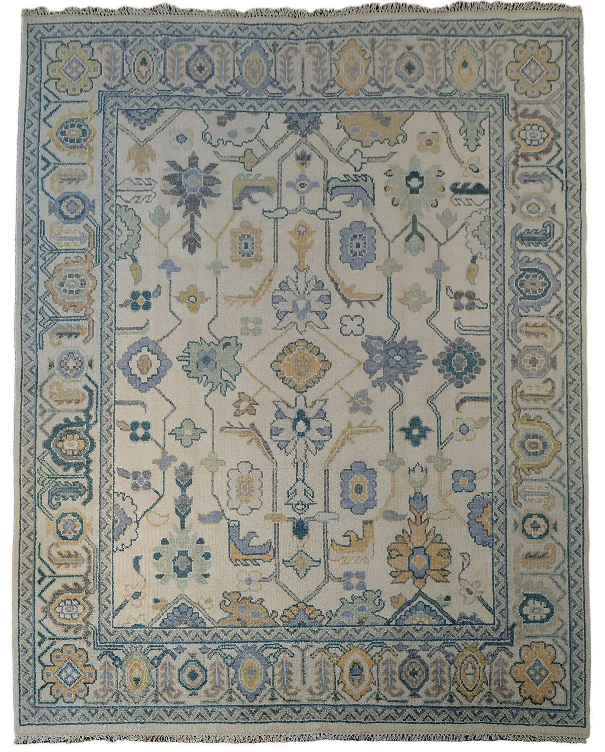 Artisan Blue and Beige Rug with Delicate Botanical Patterns 8'x10'