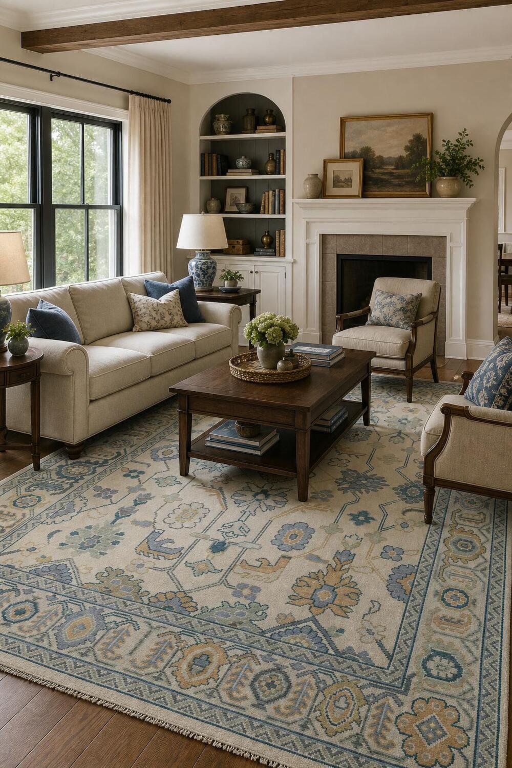 Artisan Blue and Beige Rug with Delicate Botanical Patterns 8'x10'