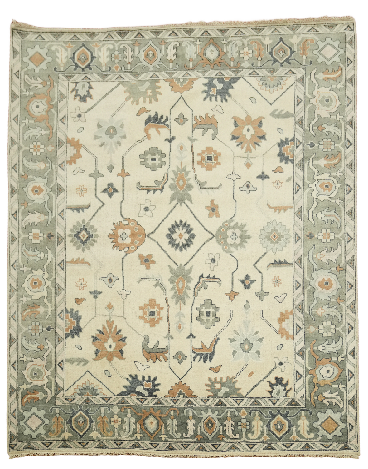 Traditional Ivory and Green Oushak Hand Made Area Rug 9x12
