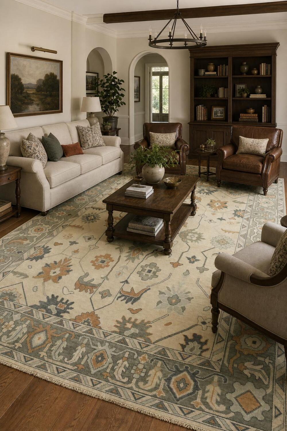 Traditional Ivory and Green Oushak Hand Made Area Rug 9x12