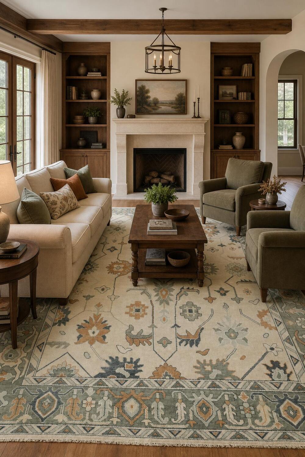 Traditional Ivory and Green Oushak Hand Made Area Rug 9x12