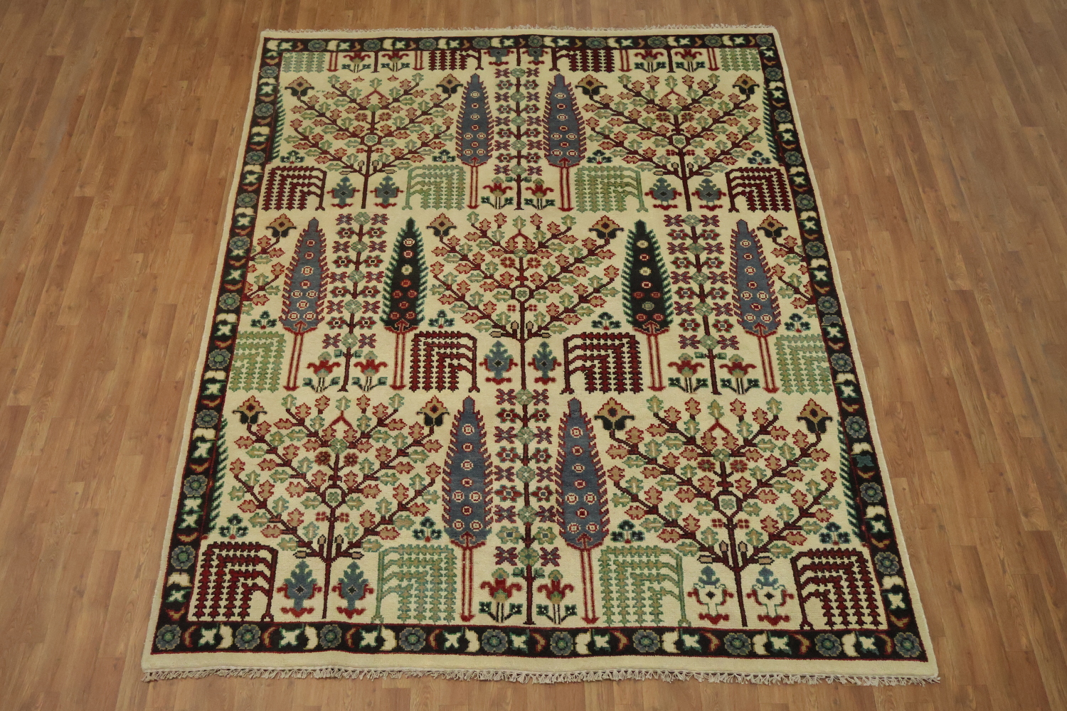 Intricate Tree Designs on a Rustic Decorative Rug 8'x10'