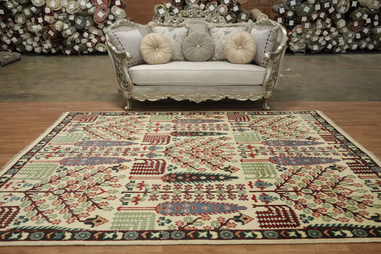 Intricate Tree Designs on a Rustic Decorative Rug 8'x10'