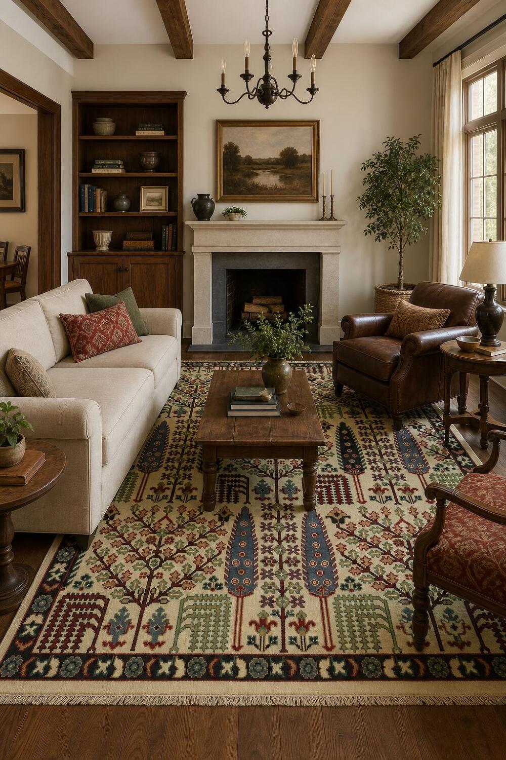 Intricate Tree Designs on a Rustic Decorative Rug 8'x10'