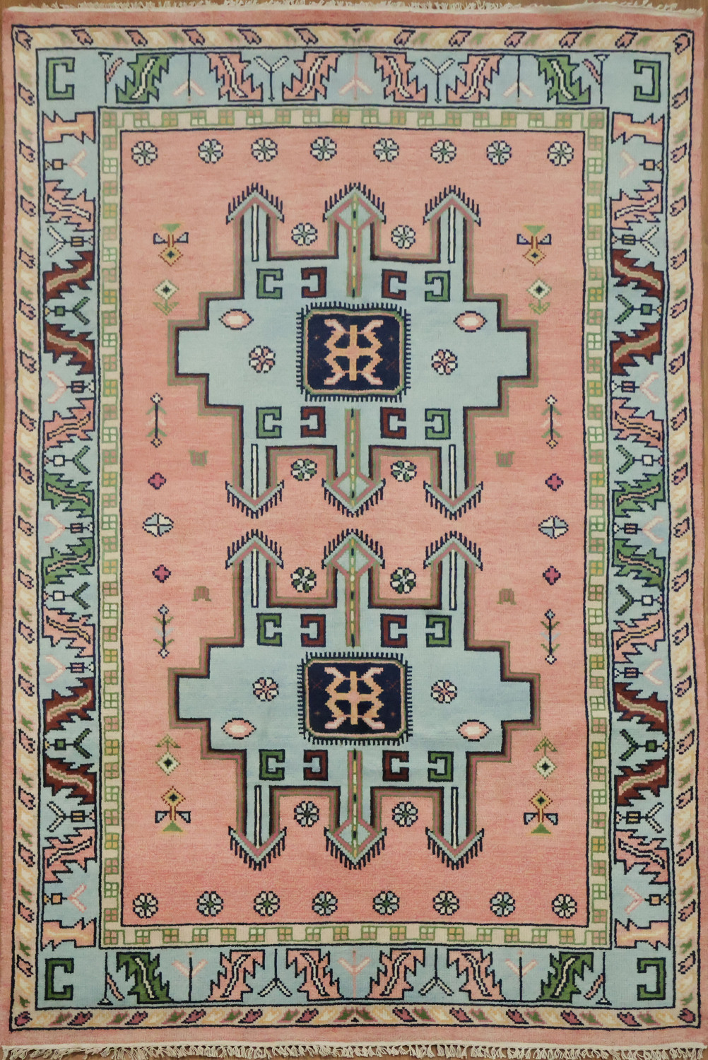 Traditional Pink and Teal Geometric Rug with Elegant Border Design 6'x9'