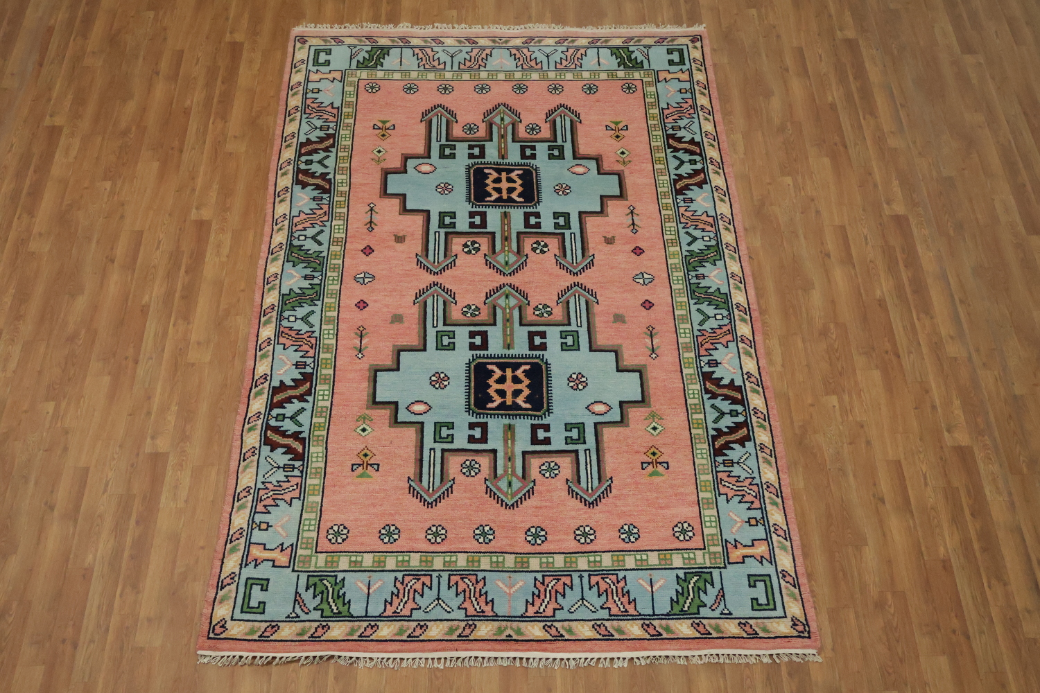 Traditional Pink and Teal Geometric Rug with Elegant Border Design 6'x9'