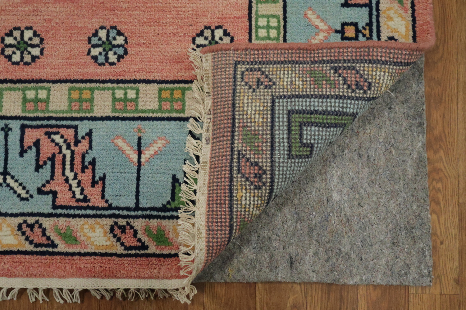 Traditional Pink and Teal Geometric Rug with Elegant Border Design 6'x9'