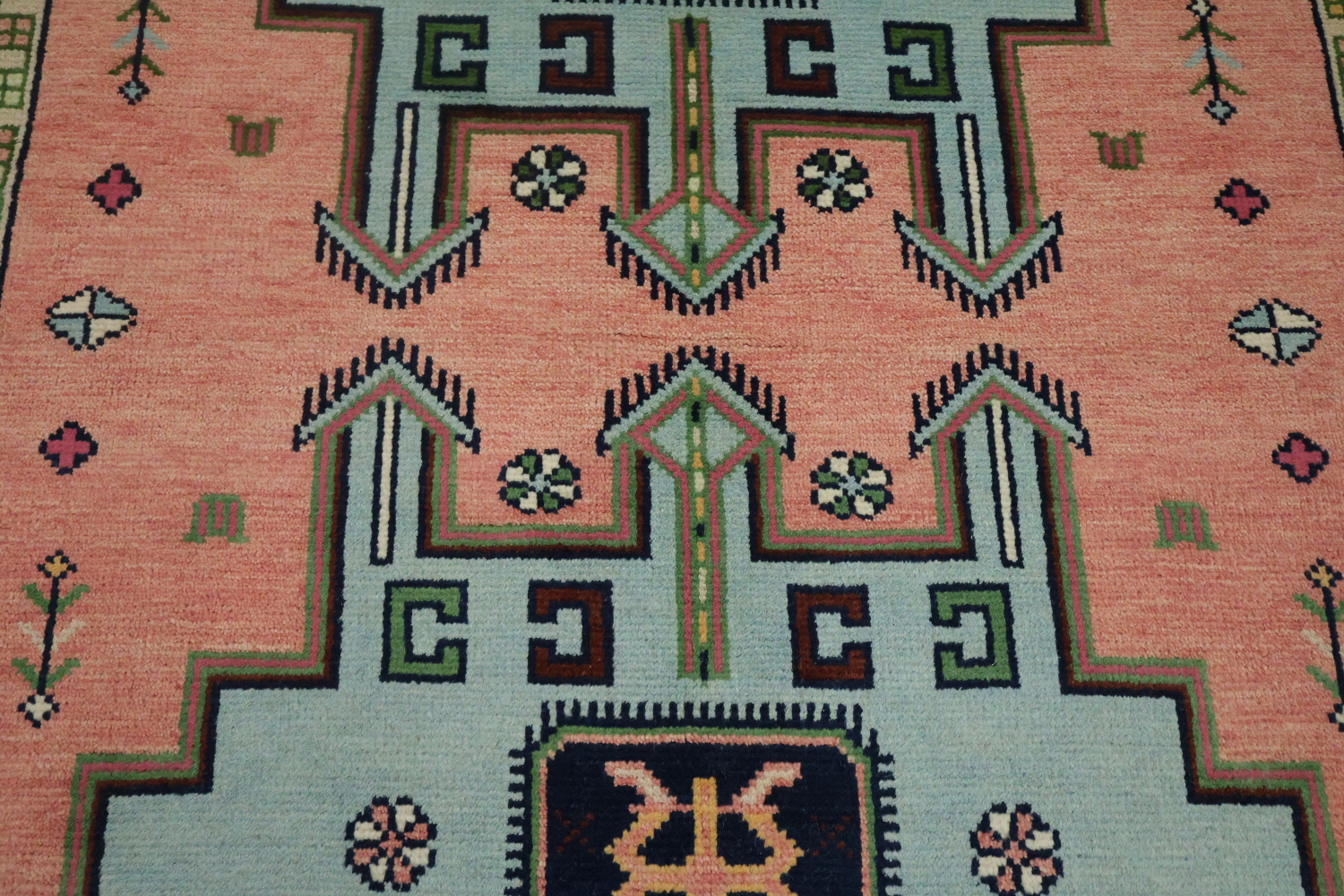 Traditional Pink and Teal Geometric Rug with Elegant Border Design 6'x9'