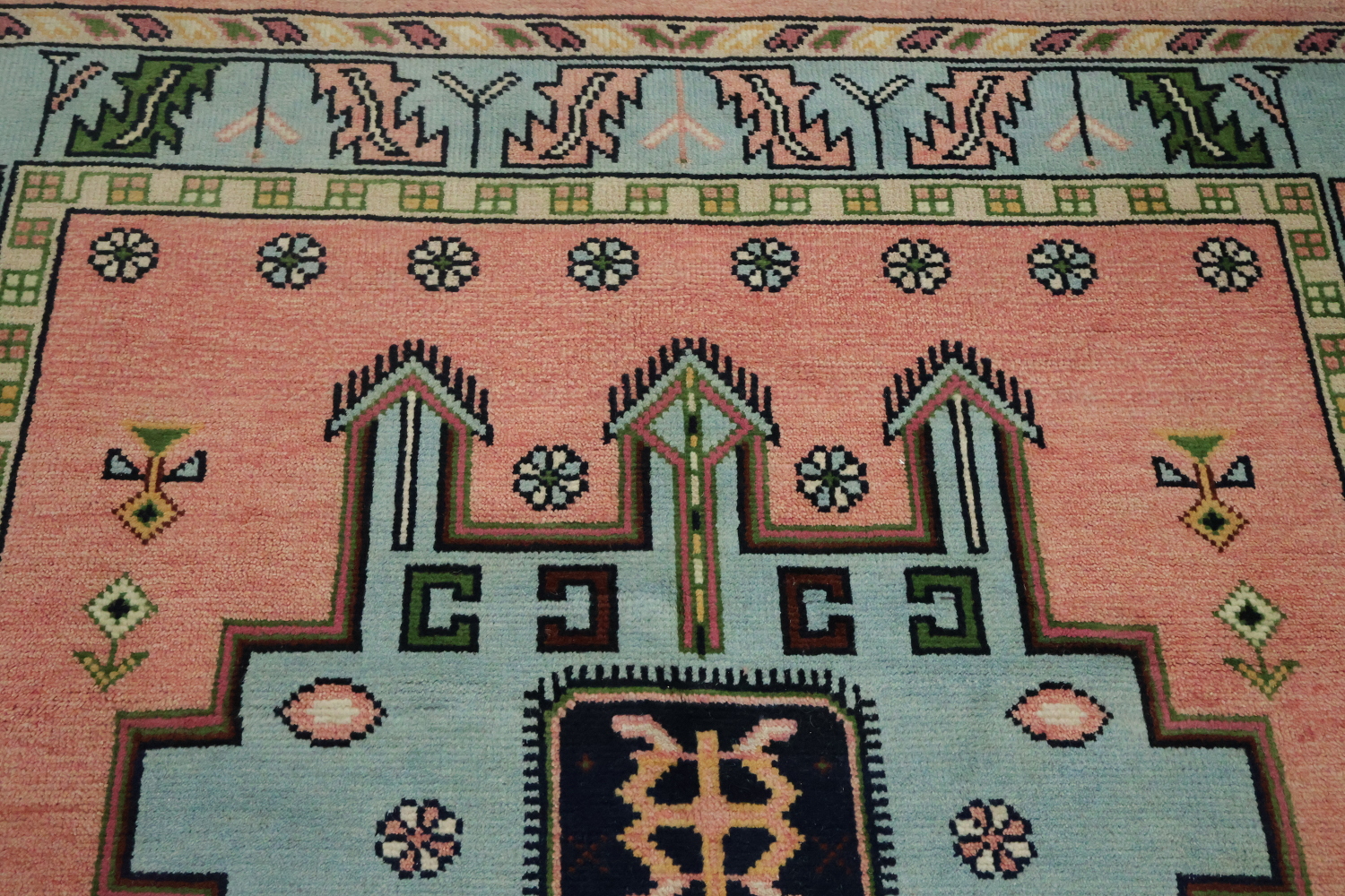 Traditional Pink and Teal Geometric Rug with Elegant Border Design 6'x9'