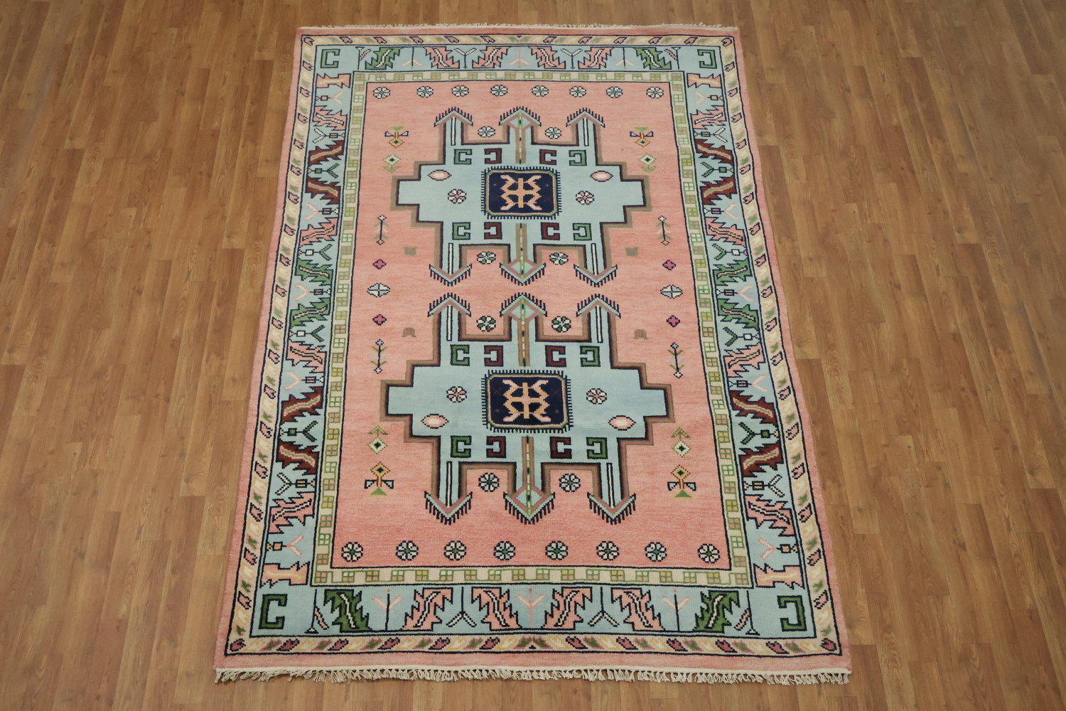 Traditional Pink and Teal Geometric Rug with Elegant Border Design 6'x9'
