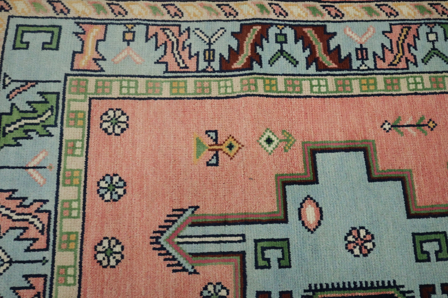 Traditional Pink and Teal Geometric Rug with Elegant Border Design 6'x9'