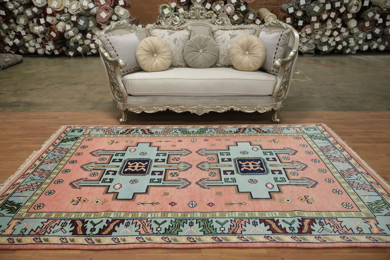 Traditional Pink and Teal Geometric Rug with Elegant Border Design 6'x9'
