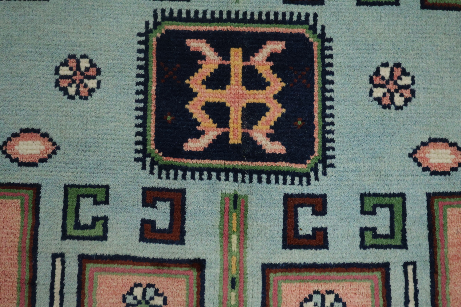 Traditional Pink and Teal Geometric Rug with Elegant Border Design 6'x9'