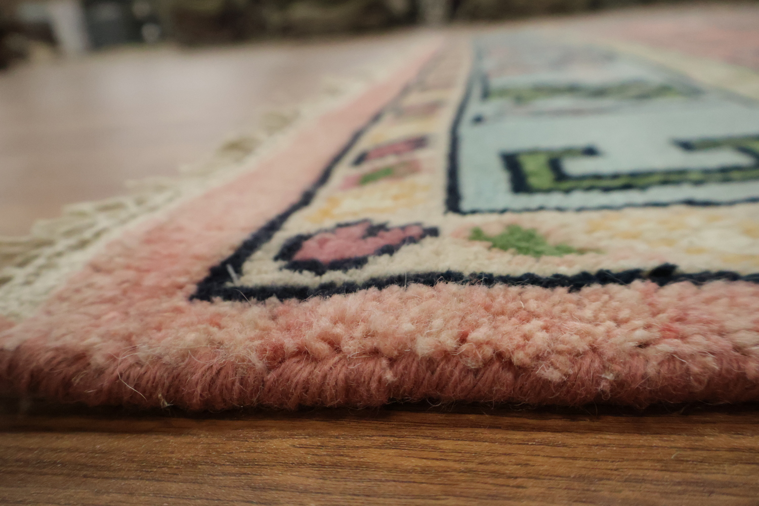 Traditional Pink and Teal Geometric Rug with Elegant Border Design 6'x9'