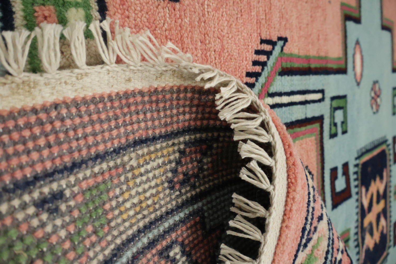 Traditional Pink and Teal Geometric Rug with Elegant Border Design 6'x9'