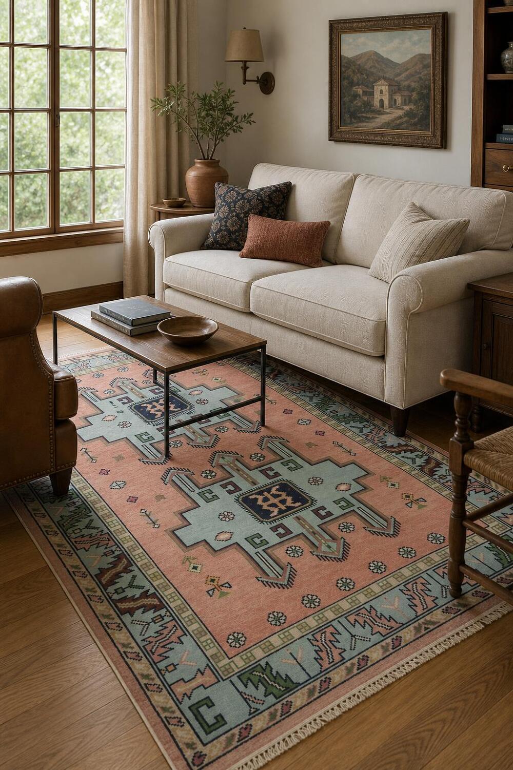 Traditional Pink and Teal Geometric Rug with Elegant Border Design 6'x9'