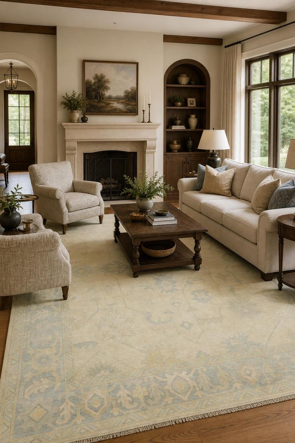 9'x12' Neutral Tone Muted Oushak Living Room Rug with Classic Distressed Pattern
