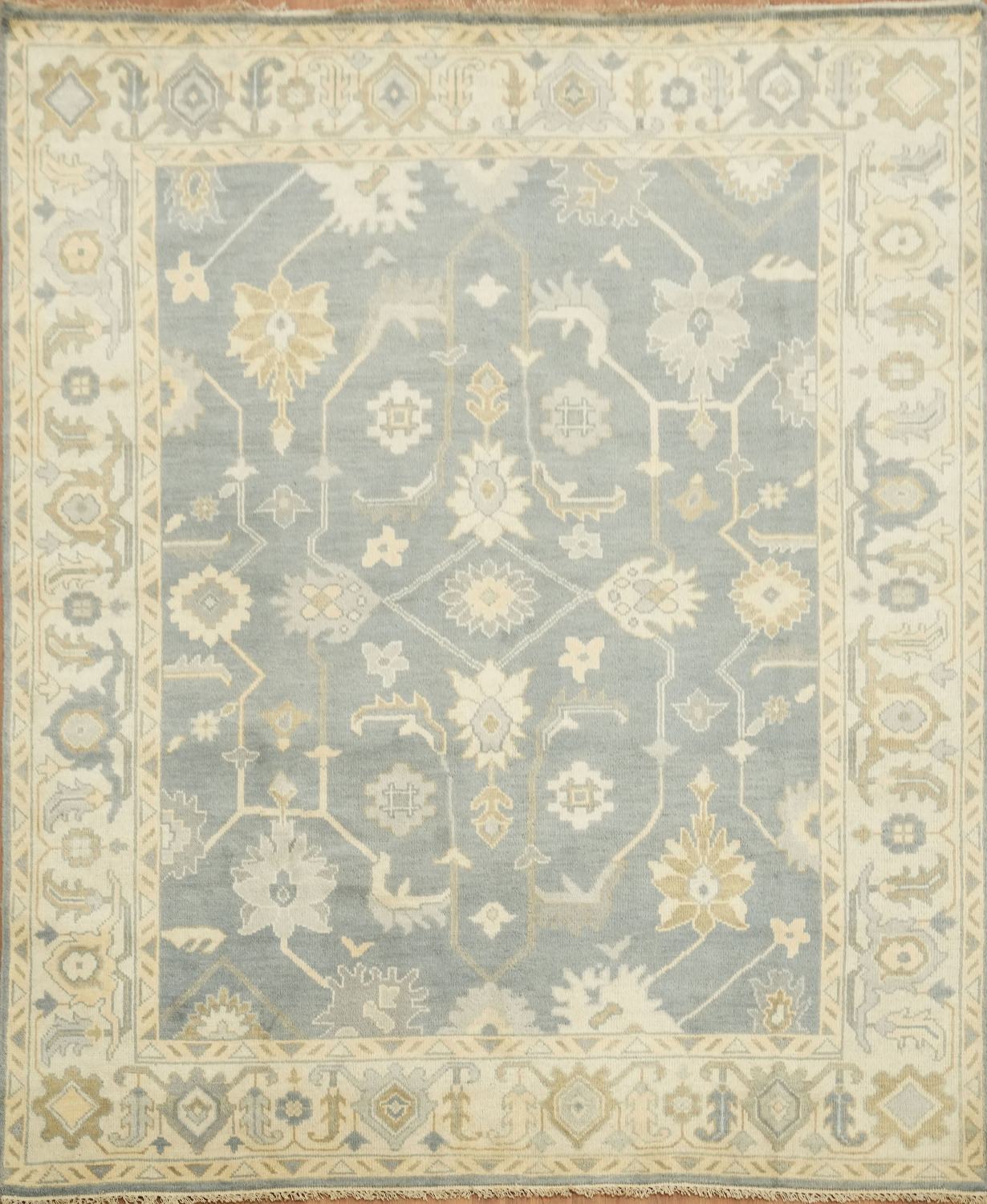Charming Oushak Wool Area Rug in Soft Hues of Blue and Ivory 8'x10'