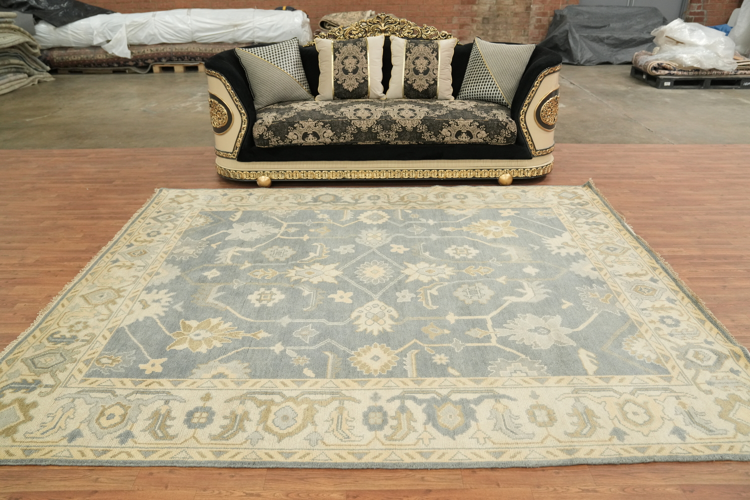 Charming Oushak Wool Area Rug in Soft Hues of Blue and Ivory 8'x10'
