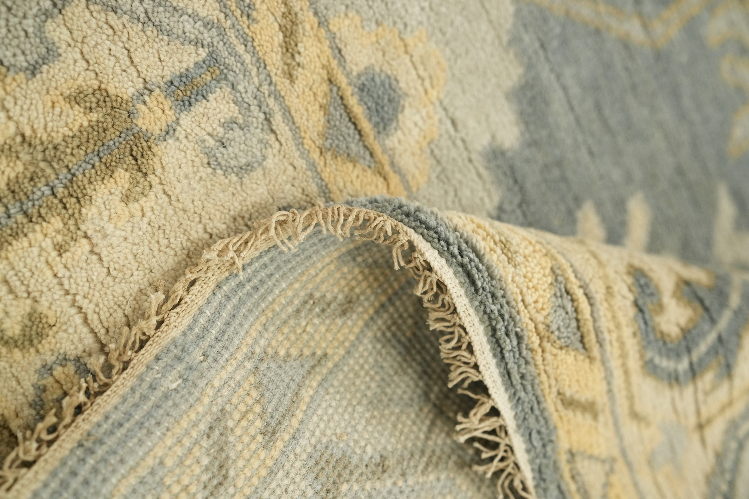 Charming Oushak Wool Area Rug in Soft Hues of Blue and Ivory 8'x10'