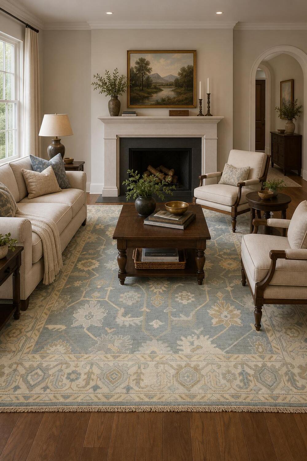 Charming Oushak Wool Area Rug in Soft Hues of Blue and Ivory 8'x10'