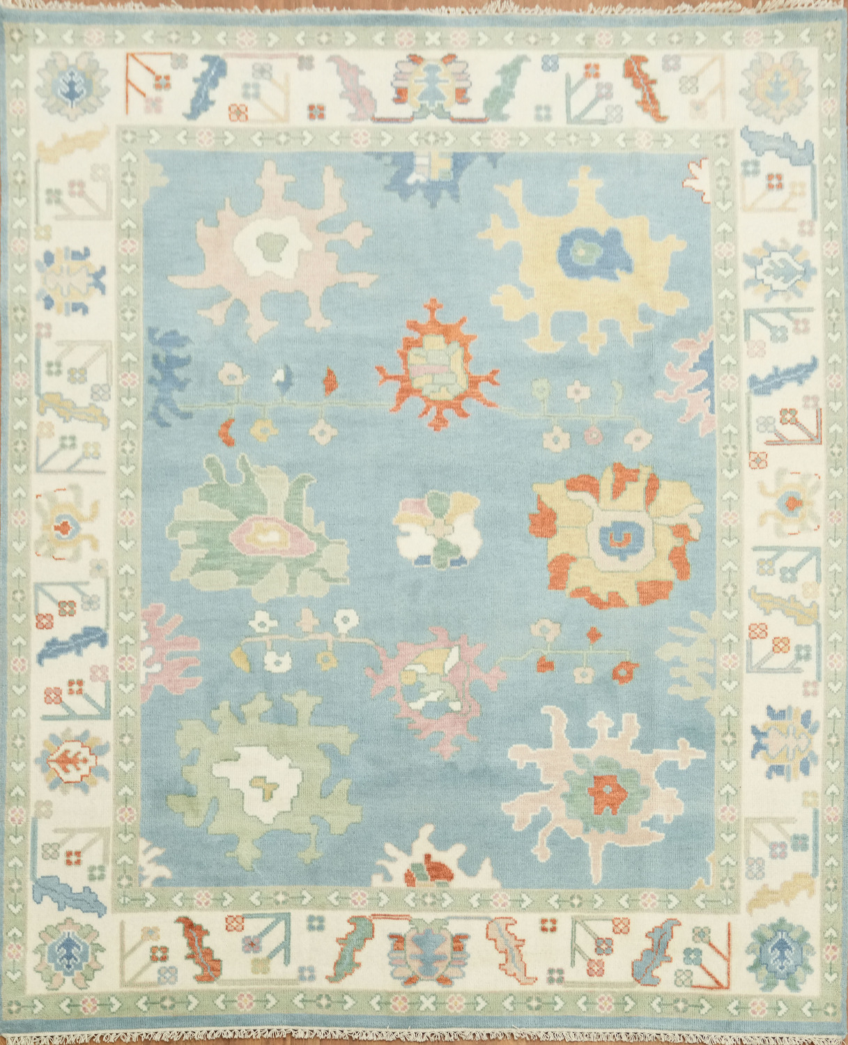 Classic Pastel Patterned Light Blue Oushak Rug for a Graceful Living Space 8'x10'