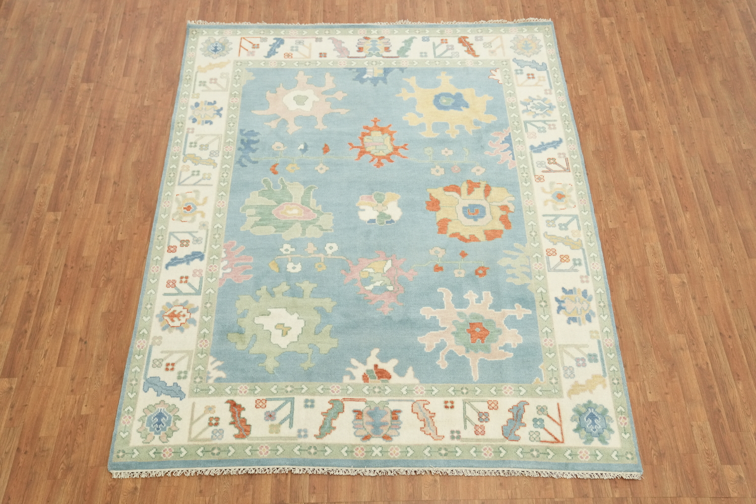 Classic Pastel Patterned Light Blue Oushak Rug for a Graceful Living Space 8'x10'