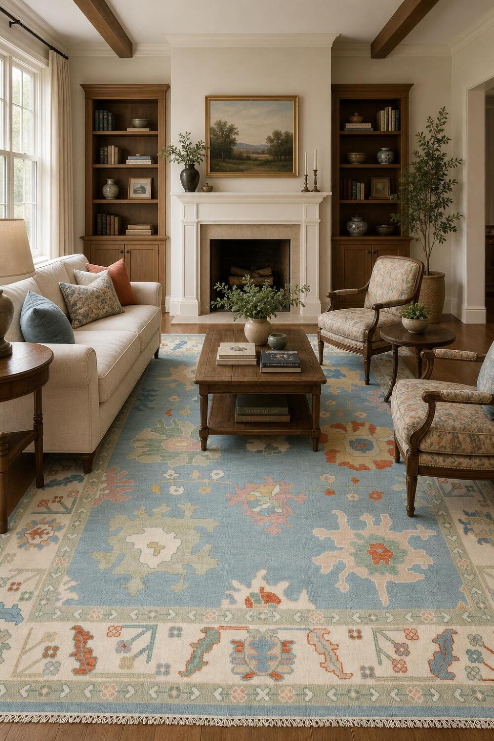 Classic Pastel Patterned Light Blue Oushak Rug for a Graceful Living Space 8'x10'