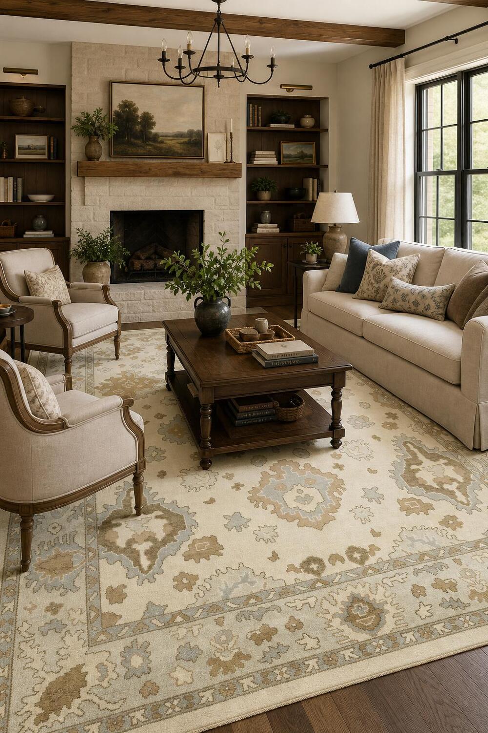 Classic Ivory and Green Oushak Traditional Area Rug 9'x12'