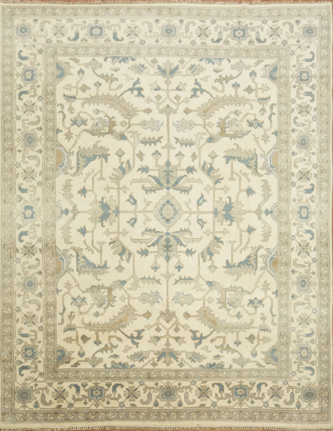 Ornate Ivory and Blue Oushak All-Over Oriental Area Rug 9'x12'