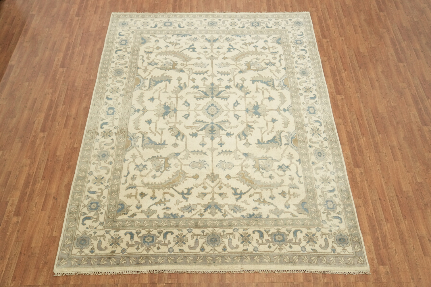 Ornate Ivory and Blue Oushak All-Over Oriental Area Rug 9'x12'