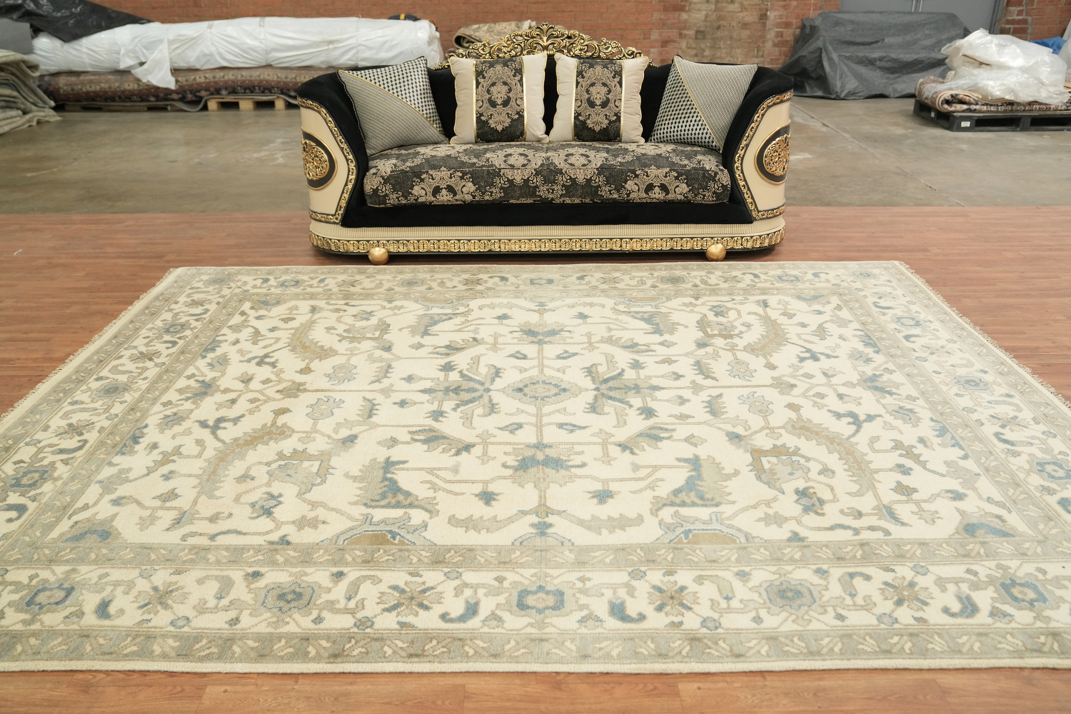 Ornate Ivory and Blue Oushak All-Over Oriental Area Rug 9'x12'