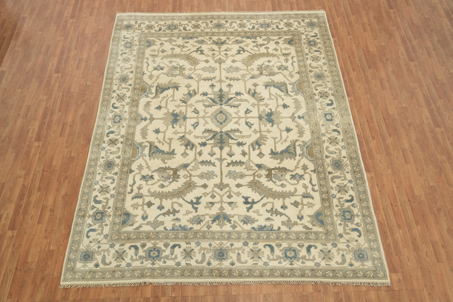 Ornate Ivory and Blue Oushak All-Over Oriental Area Rug 9'x12'