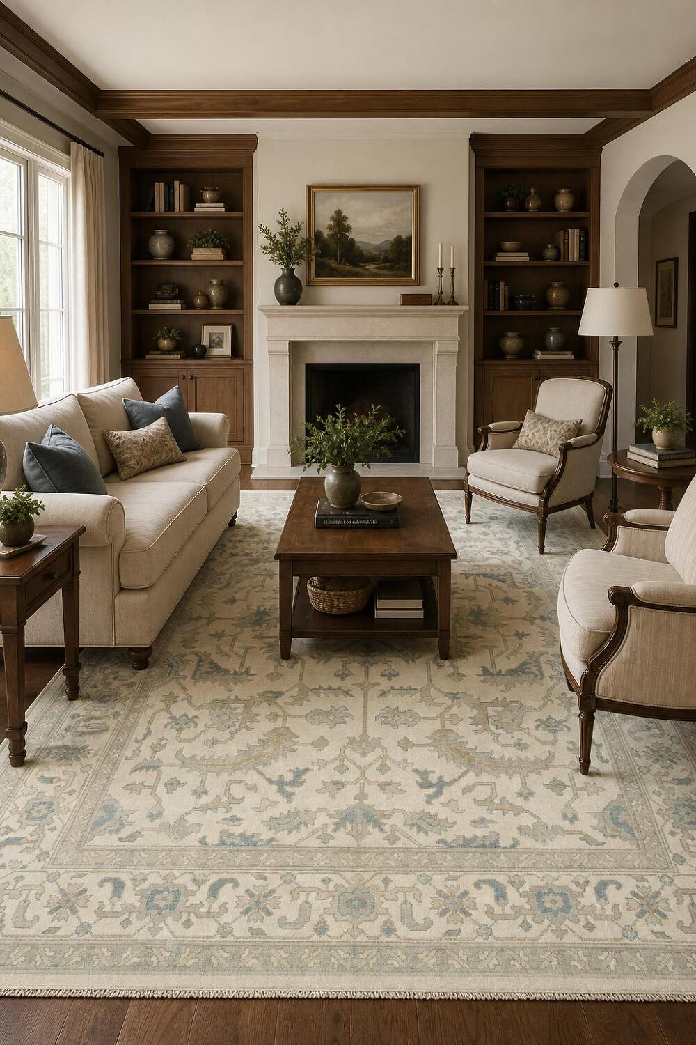 Ornate Ivory and Blue Oushak All-Over Oriental Area Rug 9'x12'