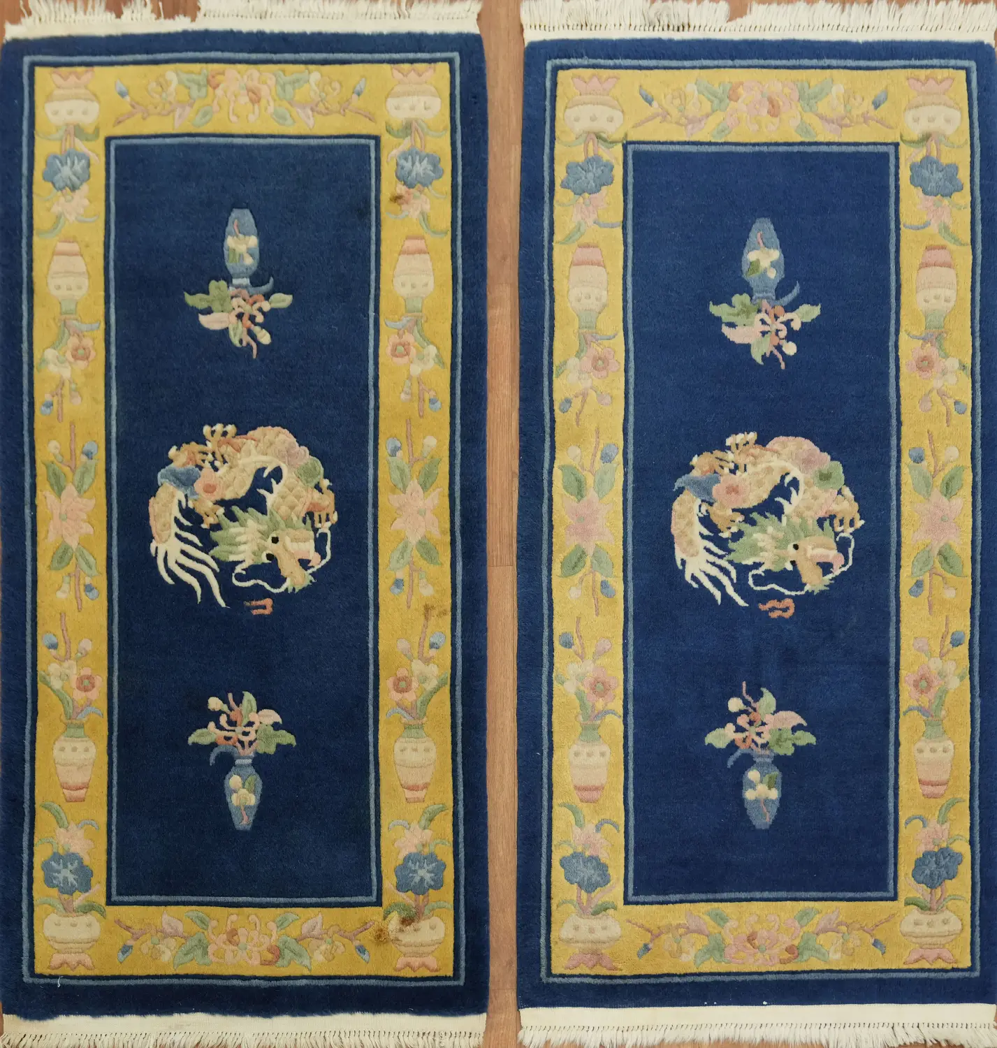 Blue Pair Art Deco Chinese Wool Runner Rug 2x5