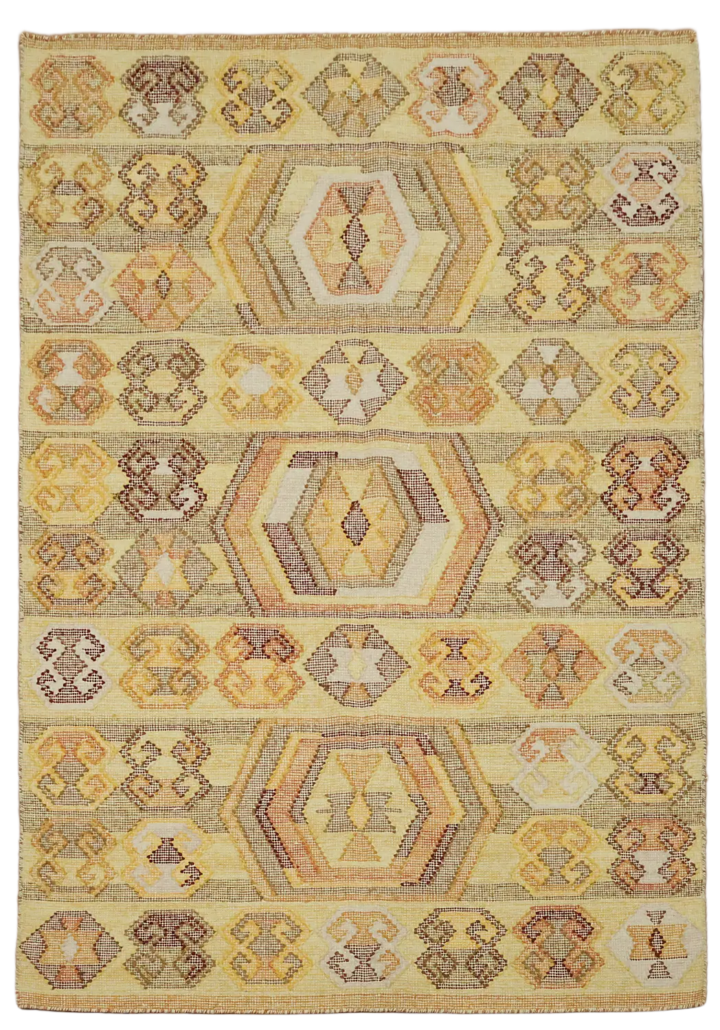 Warm Yellow and Brown Geometric Pattern Kilim Wool Rug 5'x8'