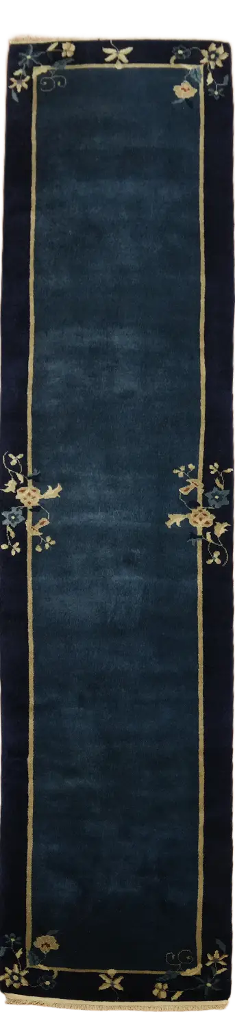 Blue Vintage Wool Art Deco Oriental Rug 3x12