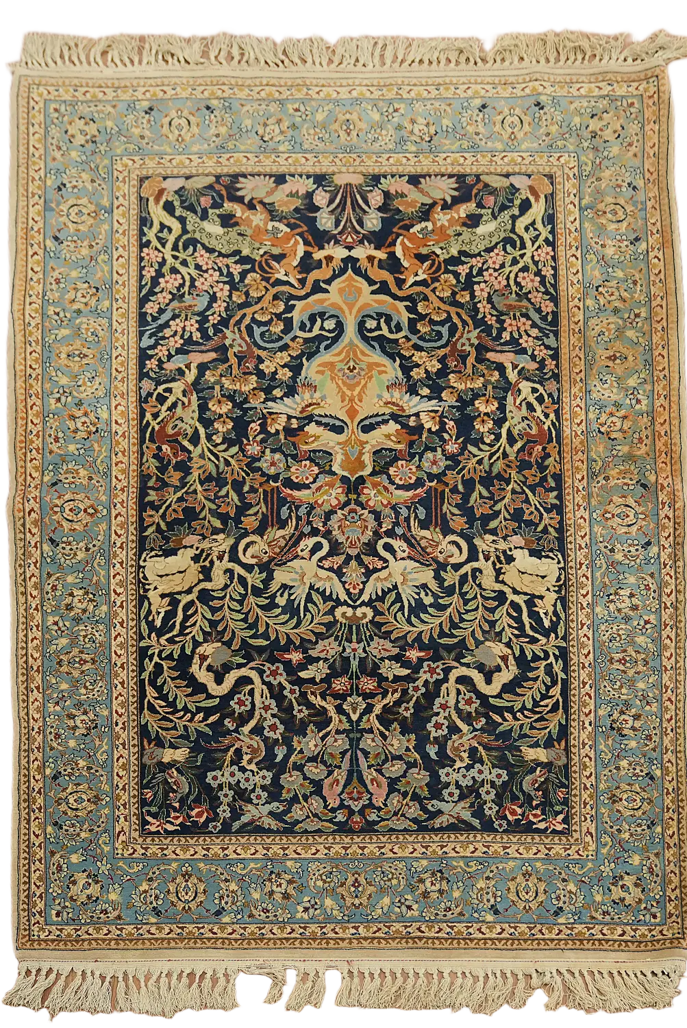Blue Vintage Animalm Pictorial Isfahan Persian Wool Rug 4x5